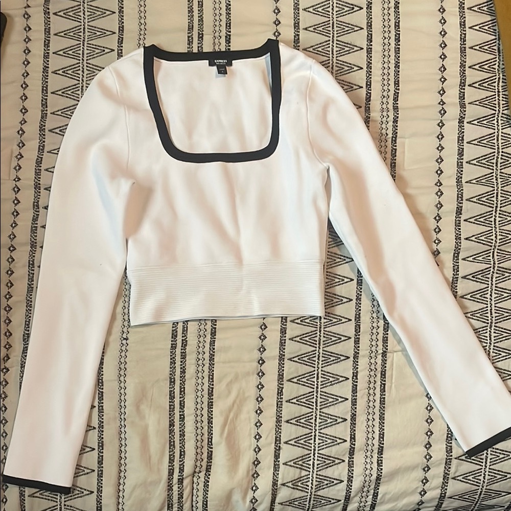 Express White Black Long Sleeve Fitted Crop Bodysuit